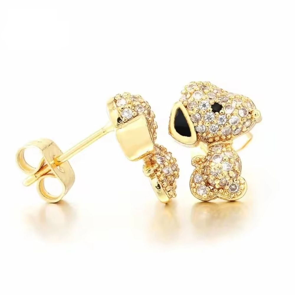 18K Gold Plated Snoopy Peanuts Theme Pave Inlay Earrings